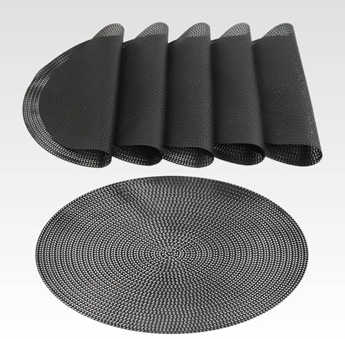 AGYO Lot de 6 Sets de Table Ronds tressés Ø 38 cm - Dessous de Plat en PP Noir antidérapant, Lavable et Enroulable - Décoration Moderne pour Table, Cuisine et extérieur