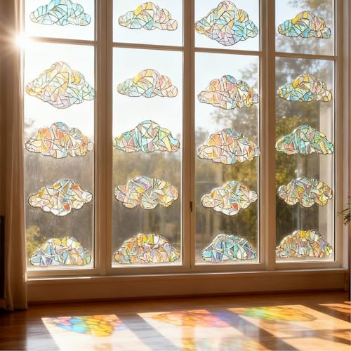 16 Piezas Pegatinas Ventana Arcoíris 3D, Película Decorativa Nube, Adhesivo Estático Reutilizable, Anti-Colisión Aves, Decoración Ventana Cocina Sala Infantil Hogar