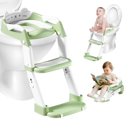 Bizcasa - Reductor de inodoro infantil 3 en 1 para niños, asiento de inodoro para niños, asiento de inodoro, elevador de inodoro infantil con cojín para niños y niñas, regulable en altura (verde)