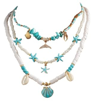 JTKSSCS Etnisk stil halsband vintage snäcka sjöstjärna flera lager halsband för kvinnor etnisk handgjord fisk svans pärlor, En storlek