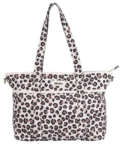BÉABA, Madrid Modular 22L Changing Bag, Large Capacity Tote Bag, Baby Changing Bag for Mum & Dad with 11 Pockets, Insulated Pocket, Pushchair Attachment, Padded Changing Mat, Leopard Clay