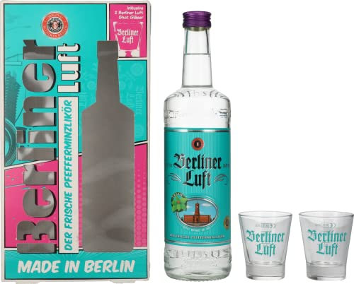Berliner Luft Geschenkset | Kultiger Pfefferminzlikör inkl. 2 Shot-Gläser | Frisch, klar & aromatisch | Vegan & glutenfrei | Made in Berlin | 18% Vol. | 0,7 L