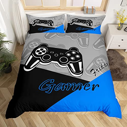 Gamer Duvet Cover Set for Boys Teens Game Bedding Set,Video Game Home Player Gaming Bedding & Linen Set Kids Toddler 2 Pieces Black Blue Grey (Single)
