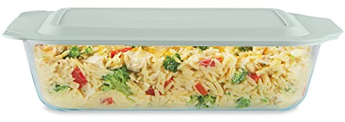 Pyrex Deep Glass Baking Dish with Plastic Lid, Deep Casserole Dish, Glass Food Container, Oven, Freezer and Microwave Safe, Clear Container, 7x11