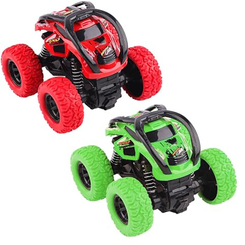 Toys Cars for 2+ Year Old Boys, 2 Pack Pull Back Cars Monster Trucks, 360 Degree Rotation Push and Go Vehicle, Inertia Car Racing Game Toys Gift for 3 4 5 6 Toddler, Red and Yellow