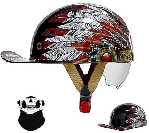RQTEUYE Vintage Motorrad halbhelm Baseball Cap mit ECE-Zulassung, Jet Helm Retro Halbschalenhelm mit Versenkbare Sonnenblende und Schnellverschluss Schnallen für Scooter Cruiser Motorrad