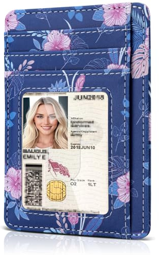 Teskyer Women Card Holder Wallet, Slim Credit Card Wallets, Minimalist, RFID Blocking, 1 ID Window, Holds up to 8 Cards, Cherry Blossom
