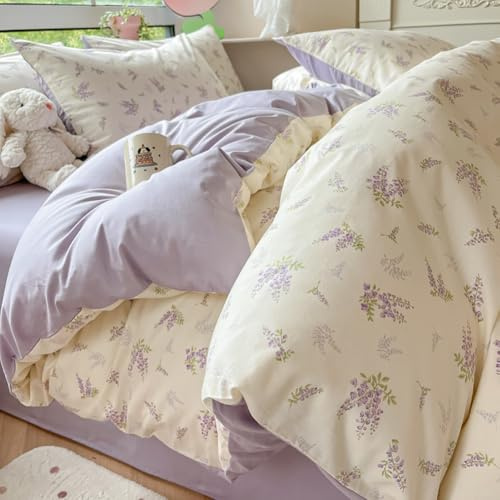 Covebett Bettwäsche 135x200 Weiß mit Lila Blumen Lavendel Blumenmuster Botanisch Bettwäsche Set Aesthetic Herzchen Blümchen Pflanzenmuster Bettbezug mit Reißverschluss und Kissenbezug 80x80cm