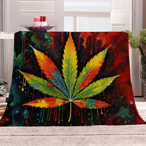 Marijuana Weed Leaf Blanket King Size, Cannabis Leaves Fleece Blanket for Couch Bed Sofa, Colorful Blankets and Throws, Leaves Pattern Super Soft Cozy Plush Flannel Blanket 108x90, Decor & Gift