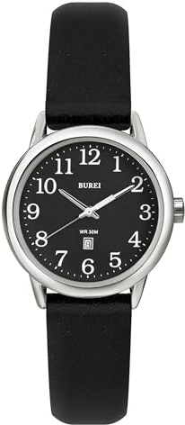 BUREI Damenuhr Schwarz Leder Armbanduhr Analog Wasserdicht Quarzuhr Damen Einfache Business Uhr für Frauen, Leuchtendes Leicht ablesbares Zifferblatt, Geschenke für Frauen (Schwarzes Zifferblatt)