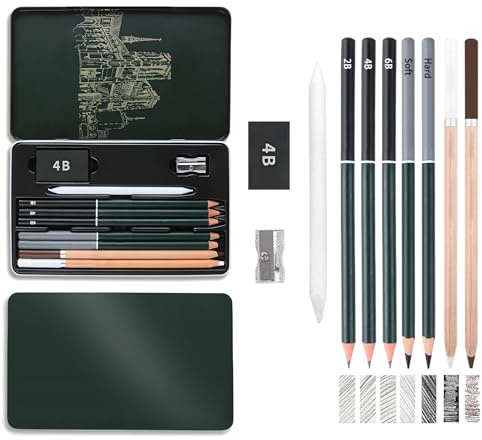 Kzouenzu Lápices Dibujo Profesional [10 Pcs], Kit de Dibujos con Diferentes Grados de Dureza 2B, 4B, 6B y Pincel de Carbón