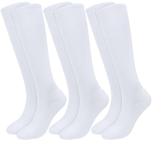 KOOOGEAR 3 paia di calzini da calcio per bambini, neri, bianchi, lunghi, calzini sportivi, comodi, imbottiti, per corsa, hockey, calcio, rugby, 5-12 anni, 3 paia di colore bianco, 9-12 Years