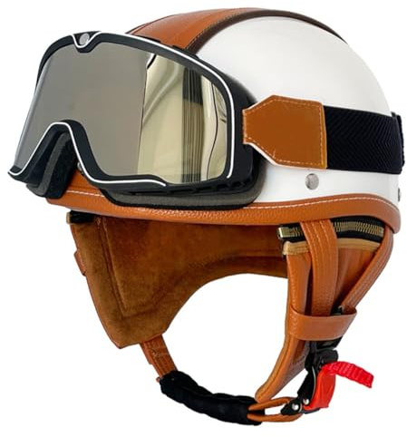 Retro Oldtimer Halbschale Jethelm Brain-Cap Motorrad-Helm DOTECE-Zulassung Rollerhelm Cruiser Chopper Motorradhelm Halbschalenhelm Mit Brille Offener Helm Für Damen Herren 2,M:57-58CM