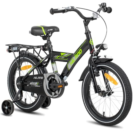 Hiland 16 Inch Kids Bike for Boys Girls, Bike for Kids with Hand Brake Coaster Brake, Kids Bicycle with Stabilisers Luggage Carrier, Black