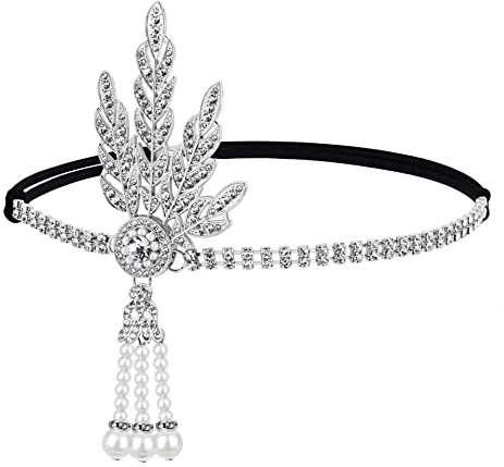 HPMAISON 1920s Headband Flapper Headpiece Great Gatsby Accessories Women Gatsby Headband Girls Vintage Themed Party Costume Roaring Fascinator Silver Leaves Headpiece Flapper Girl Hat Pearl Tassel