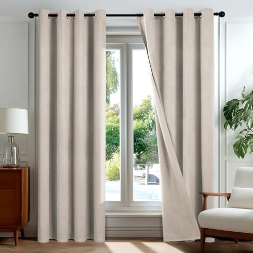 Deconovo 90 Inch Drop Double-sided Faux Linen 100% Blackout Thermal Curtains Eyelet Curtains for Living Room, W46 x L90 Inch, Linen, One Pair