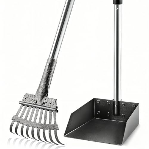 Pooper Scooper, Long Handle Pet Supplies with Stainless Metal Tray and Rake