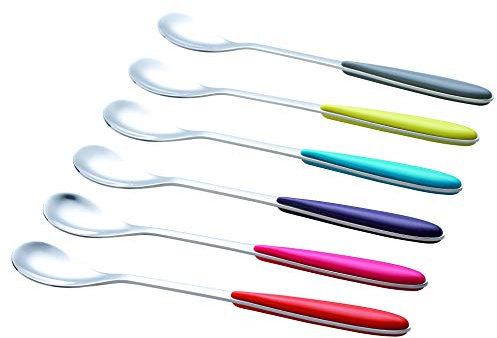 Exzact Ice-Cream Sundae Spoon 6pcs Stainless Steel Assorted Colours - Long Handle, Latte Spoon, Ice Tea Stirring - Coffee, Dessert, Hot Chocolate