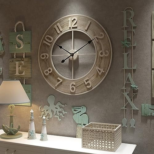 Funtabee - Große Wanduhr - 60 cm, Elegantes Design, Ideal für Wohnzimmer, Küche, Terrasse, Pub, Kneipe, Restaurant, Aus Holz, Vintage-Stil, Geräuschlos, kein Ticken