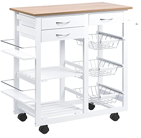 HOMCOM Chariot de Service desserte de Cuisine à roulettes Multi-rangements 92L x 37l x 82H cm MDF Imitation chêne Clair pin Blanc