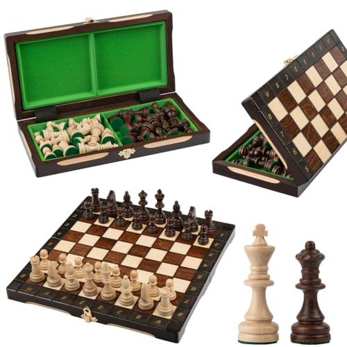 Master of Chess Trä Schackbräde med Schackpjäser för Turnering “CHAMPION” 29 cm - Handgjort Reseschackspel som är Vikbart - Litet Schackspel för Barn och Vuxna