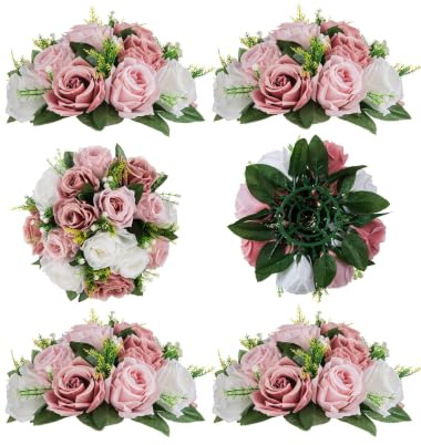 BLOSMON Flower Centerpieces for Tables Wedding 6 Pcs Fake Flowers Rose Arrangement Bouquet Floral Centerpiece Balls Dusty Rose Artificial Wedding Center Pieces of Valentines Day Home Party Decor