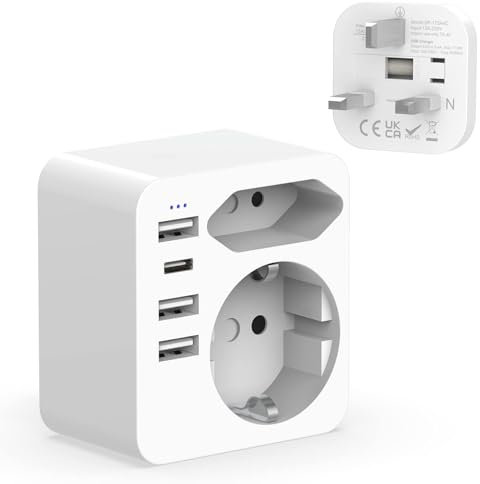 Hoppac UK Adapter,6 in 1 Adapter England Deutschland Stecker,Reiseadapter UK Mit 3USB Und 1USB C 3.4A,Adapter England Wird Mit Einem Europeo-Und Schuko-Stecker Geliefert Typ G FüR England,Irland,Dubai