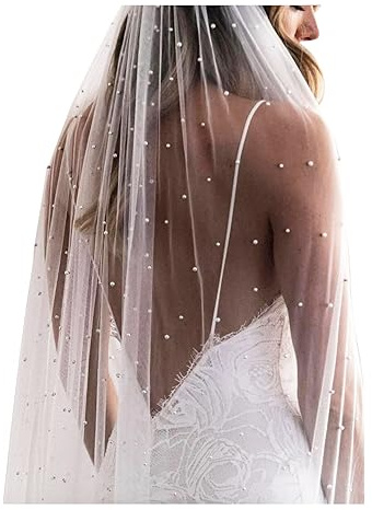 ELAWBTY Voile de mariée à 1 couche avec perles et peigne en métal F55, blanc, Cathedral Length (118 in)