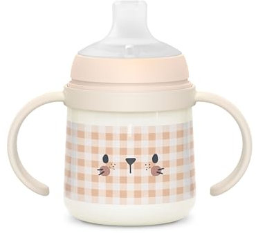 Suavinex, Vaso Aprendizaje Bebé, Biberón con Asas que Brilla en la Oscuridad, con Boquilla Antiderrame de Silicona y Válvula Anti-Cólico, para Bebés +6 Meses, Ideal para Usar por la Noche, Rosa