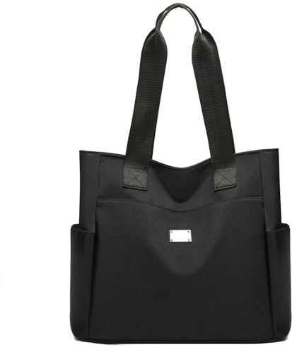 URAQT Bolso de Hombro de Nailon para Mujer, 34 * 31cm Negro Gran Capacidad, Impermeable Versátil, Con Cremallera y Múltiples Bolsillos, para Viajes Escolares y Trabajo