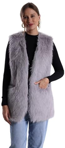 FunnyCos Chaleco de piel sintética de conejo para mujer, abrigo de invierno con cuello en V, sin mangas, mullido, cálido, chaleco de piel sintética con bolsillos, gris claro, M