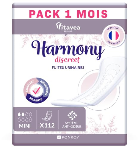 112 Serviettes Hygiéniques Incontinence Femme - Protection Urinaire Femme - Serviette Post Accouchement - Absorbante & Anti-Odeur - Fabriqué en France - 2 Gouttes - Pack 1 mois - Harmony Discreet