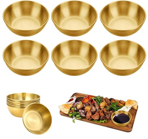 WIYETY 6 cuencos dorados de acero inoxidable para aperitivos, cuencos dorados para salsas, cuencos redondos para salsas, mini cuencos, cuencos para salsas de acero inoxidable para guarniciones, sushi,