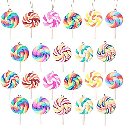 24 Pcs Christmas Lollipop Ornaments, Colorful Mini Candy Cane Hanging Ornaments Polymer Clay Peppermint Pendants for Xmas Tree Party Home Decorations (Multicolor)