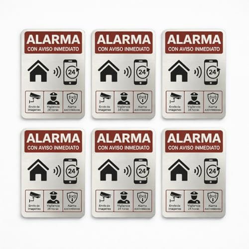 [6 UDS] Placas Adhesivas Aluminio Disuasorias Seguridad Exterior Resistente Agua Aviso Alarma Inmediato Puerta Ventana Buzón Cartel Antirrobo Hogar Oficina Pack Completo Movimiento Anti Inhibidores
