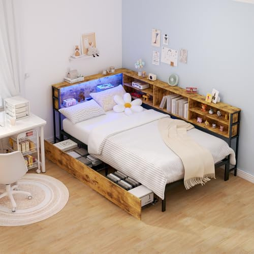 Corner Platform Bed Frame Storage Bookcase Headboard Shelving, Built-in RGB LED Lighting, Power Strip AC Outlets USB Type-C, Two Under-Bed Drawers on Casters, Heavy-Duty Metal Slats (Brown,Twin)