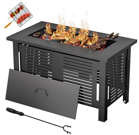YODOLLA Brasero Extérieur 3 en 1 - Barbecue avec Grille Table à Feu Brasero Métal Table de Jardin (108 x 58 x 63 cm) - Multifonctionnel pour Terrasse, Jardin, Extérieur
