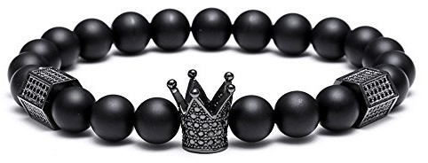 SEVENSTONE 8mm Crown King Charm Bracelet for Men Women Black Matte Onyx Stone Beads