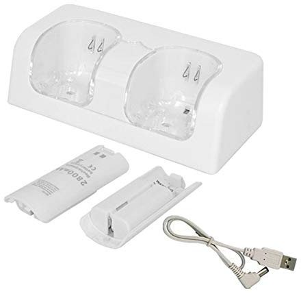 Cargador de batería para Wii, estación de Carga Wii Dual Lighting Dock Cargador con 2 Pilas Recargables para Wii/Wii en el Mando a Distancia (Blanco)