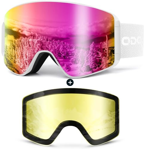 Odoland Skibrille für Damen und Herren Jungen Ski Goggles Anti-Fog UV-Schutz mit Magnetische Wechselglas Snowboardbrille Helmkompatible zum Snowboard Skifahren Schwarz
