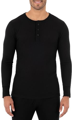 Fruit of the Loom Men's Recycled Waffle Thermal Underwear Henley Top, Black, Large