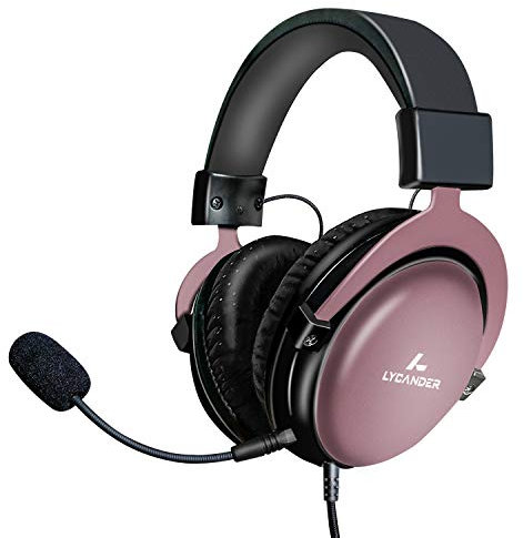 LYCANDER Auriculares USB con micrófono Desmontable, Conector de Audio híbrido de 3.5 mm y Entrada USB, Metal Resistente, Apto para conferencias, música, películas y Juegos, Premium - Negro/Rosa