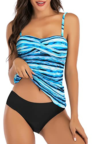 Shuangyu Women's Twist Front Bandeau Tankini Set Two Pieces Ruched Tummy Control Swimsuit Swimming Costume with Mid Waist Briefs, Color Blue Stripes, Medium