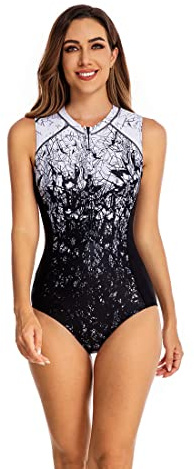 BEACHKINI Traje de baño de una Pieza para Mujer, Traje de baño de Manga Larga con Cremallera Frontal, Traje de baño Triangular,09 Colores degradados,L
