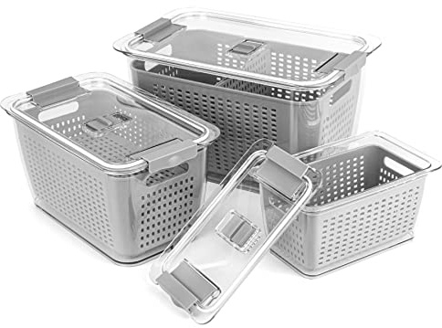 Spesh Set of 3 Fresh Food Storage Containers(5.8 L + 4 L + 2 L) Vegetable Crisper Boxes Plastic Fridge Storage Organisers with Lid and Vent(Grey)