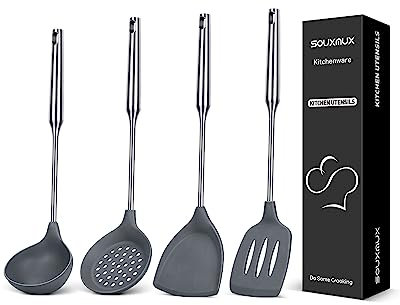 4 Pcs Silicone Kitchen Utensils Set, Spatulas-Slotted Turner-Ladles-Slotted Spoon, Nonstick BPA Free High Heat Resistant Cooking Utensils for Frying, Mixing, Serving, Draining, Turning, Stirring
