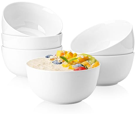 Sweese 20 Oz Porcelain Bowls Set of 6 - Durable for Cereal, Soup, Rice, Pasta, Salad, Oatmeal - Microwave Dishwasher Safe, White