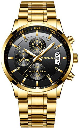 CRRJU Herren Uhr wasserdichte Chronographen Armbanduhr Männer Edelstahlarmband Business Analog Quarzuhr mit Kalender (Gold schwarz)