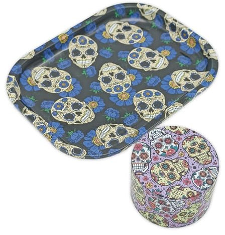 Grinder metal XL 63mm + Bandeja de Liar ALLOY KRAFT | Grinder Set con Impresión Premium 360º | Molinillo 4 piezas rascador de polen para especias y hierbas | Dibujos calavera mexicana