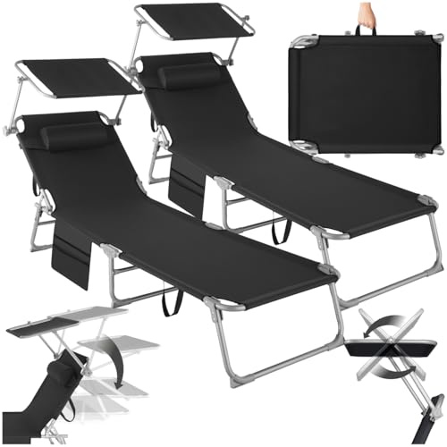 tectake® 2er Set Sonnenliege klappbar und tragbar, Liege mit Seitentasche, Strandliege, Gartenliege mit Dach, Liegestuhl mit Verstellbarer Rückenlehne, Kopfkissen - für Balkon, Terrasse (schwarz)